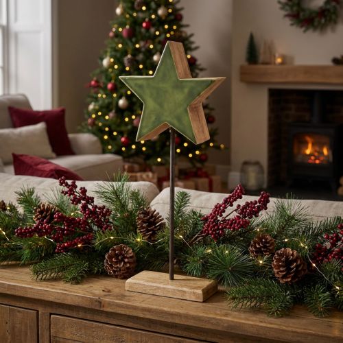 Stella decorativa in legno su base a bastone verde marrone 20x9,5x50 cm | Floristik24.it