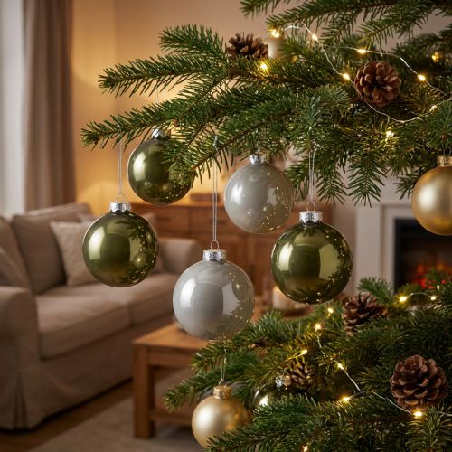 Palline di Natale in vetro color oliva grigio argento Ø7,5cm 12 pezzi | Floristik24.it