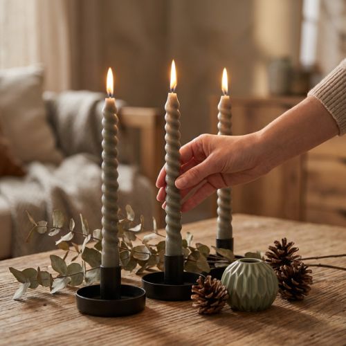 Candele intrecciate candele a spirale grigio verde Ø1,4 cm H18 cm 4 pezzi | Floristik24.it