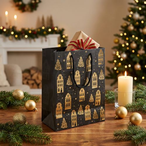Prodotto Sacchetto di Natale casette di abete nero/oro 18x10x23cm 2 pezzi