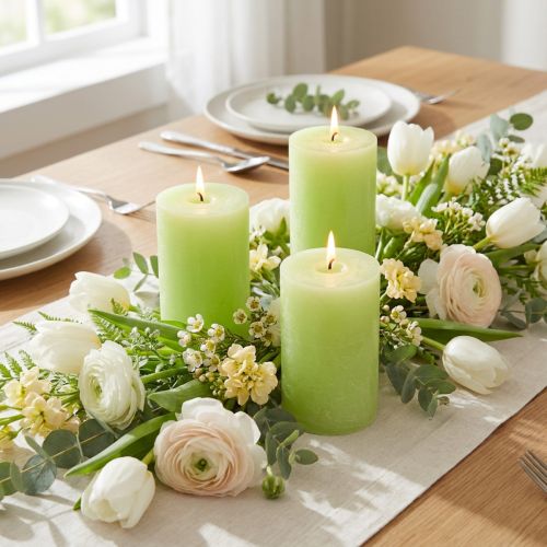 Candele a colonna verde lime, colorate in ogni loro parte, 60x100 mm, decorazione per matrimoni, decorazione primaverile, set da 4 | Floristik24.it