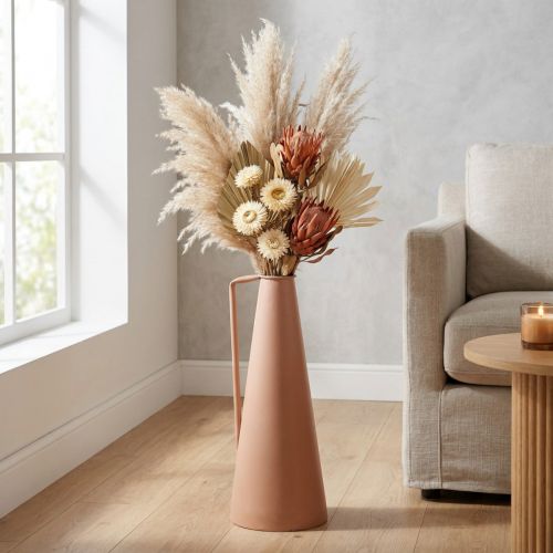 Vaso da terra in metallo, design salmone con manico - Conico, 20x19x48cm, per fiori secchi e artificiali. | Floristik24.it