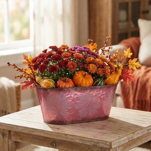 Ciotola con decoro a foglia, fioriera, decoro autunnale, vaso in metallo rosso vino L38cm H15cm | Floristik24.it