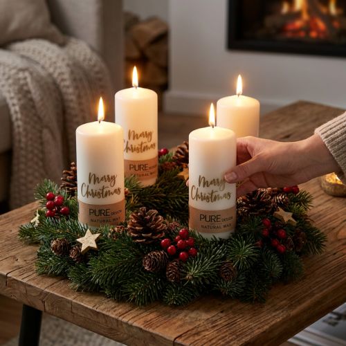 Candele natalizie a colonna, set da 4, bianche e oro, 60x130 mm - Decorazione festiva, cera naturale pura | Floristik24.it