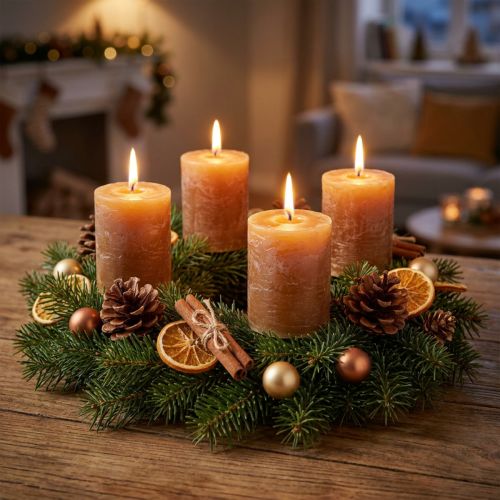 Candele a colonna color caramello tinta unita 70×80 mm, set da 4 - Decorazione rustica, ideale per l'Avvento, fatte a mano | Floristik24.it