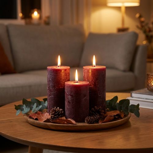 Set di 4 candele a colonna color bordeaux, tinta unita, 70x120 mm - Candele decorative per l'ambiente domestico e il benessere | Floristik24.it