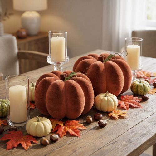 Zucca decorativa floccata – Decorazione autunnale per la tavola in un ricco color rosso-marrone, 20 cm, 2 pezzi | Floristik24.it
