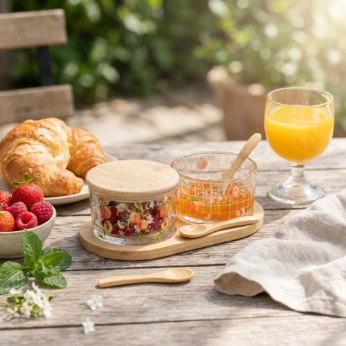 Set di tapas con vasetti di marmellata di pesche su vassoio 20×10×6,5 cm | Floristik24.it