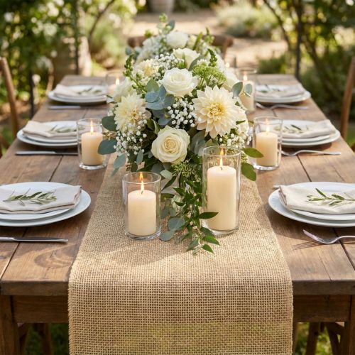 Runner da tavolo naturale con iuta, tessuto decorativo 29×450 cm - Elegante runner da tavolo per la tua decorazione festiva | Floristik24.it