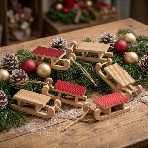 Miniatura slitta in legno, rosso naturale, 4x8,5 cm, set da 6 - Decorazione natalizia | Floristik24.it