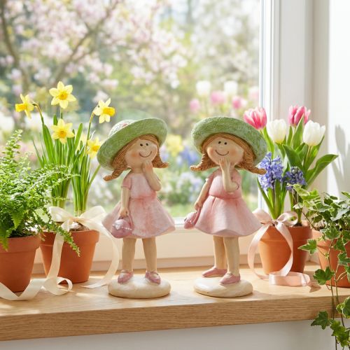 Statuette decorative di ragazze con cappello, rosa e verdi, 6,5x5,5x14,5 cm, 2 pezzi | Floristik24.it