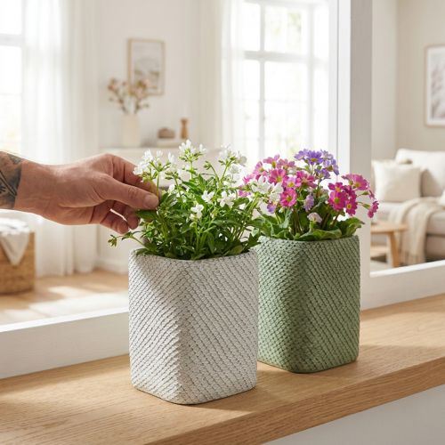 Fioriera in ceramica bianco verde rilievo rete 12x12cm H17.5cm 2pz | Floristik24.it