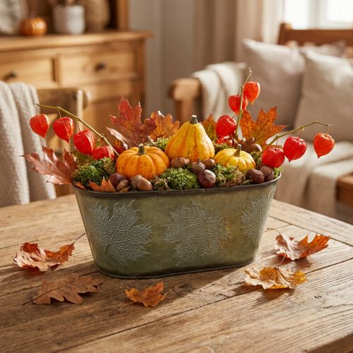 Vaso per fioriera per l'autunno, decoro in metallo con decoro a foglia verde L38cm H15cm | Floristik24.it