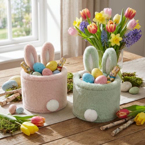 Cestino pasquale in peluche con orecchie da coniglio dai colori pastello Piccolo cestino per regali e decorazione del salotto 18 cm, 2 pezzi | Floristik24.it
