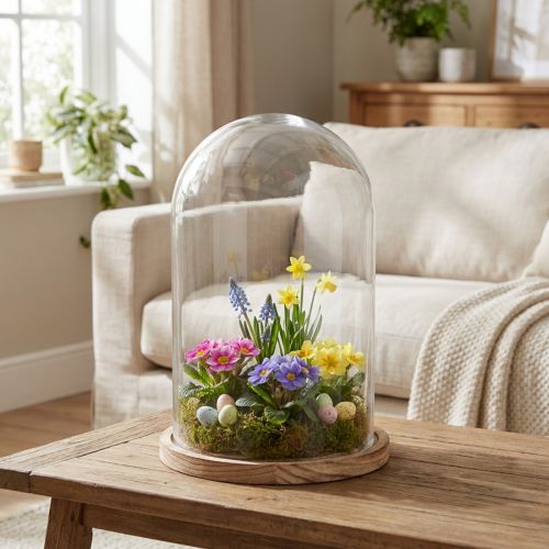 Campana in vetro con decorazione in vetro piatto in legno Ø17cm H25cm | Floristik24.it