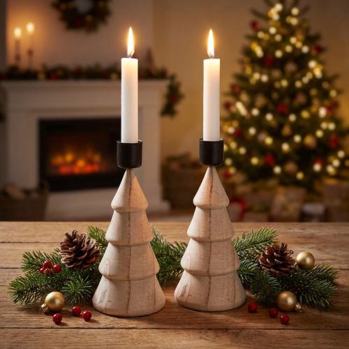 Portacandele di legno naturale Albero di Natale 16cm 2pz | Floristik24.it
