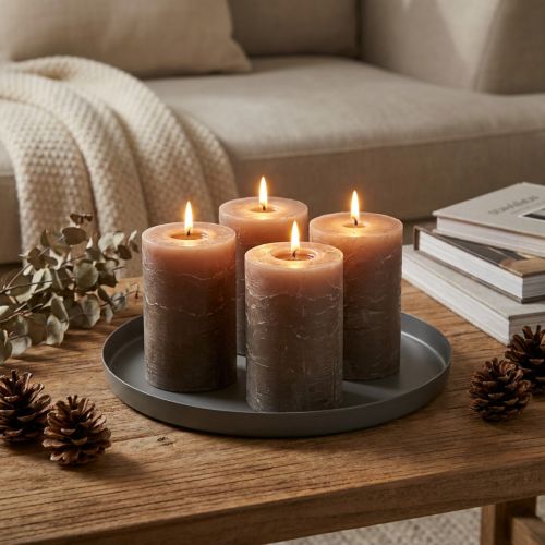 Candele a colonna marroni, tinta unita, 70x100 mm, set da 4, decorazione rustica | Floristik24.it