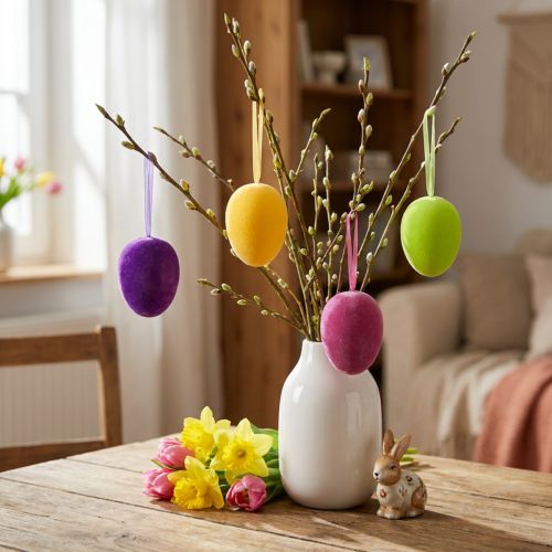 Uova di Pasqua decorative da appendere floccate colorate H8cm 8 pz | Floristik24.it