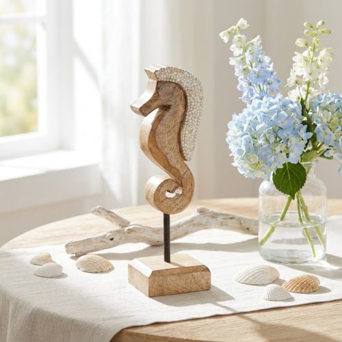Decorazione in legno di mango cavalluccio marino con perle decorazione da tavolo marittima 20cm | Floristik24.it
