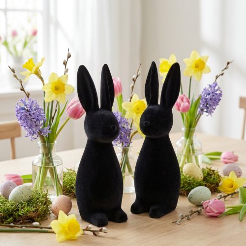 Coniglietto pasquale nero decorativo, floccato, altezza 29,5 cm, 2 pezzi | Floristik24.it