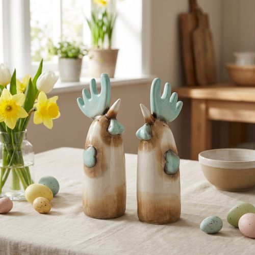 Gallo in ceramica, decorazione da cucina, colore azzurro chiaro/marrone, altezza 23 cm, 2 pezzi | Floristik24.it