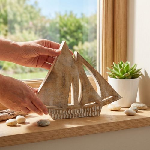 Barca a vela in legno, decorazione marittima, barca in legno colore naturale, bianco H23cm | Floristik24.it