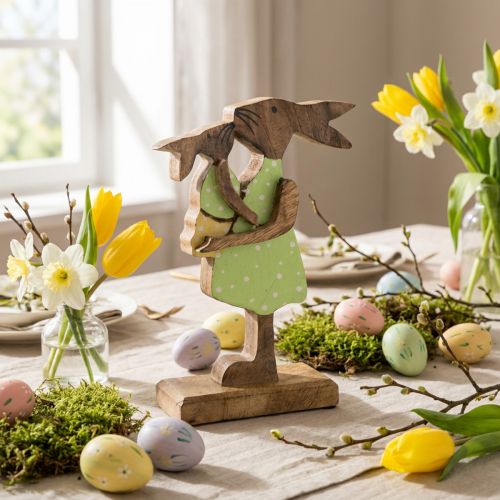 Coniglietta madre con bambino, decorazione pasquale, primavera, coniglietto pasquale in legno, naturale, verde, giallo H22cm | Floristik24.it