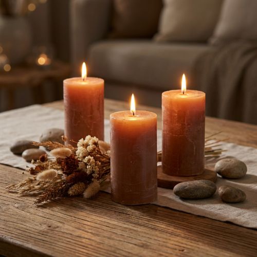 Candele a colonna color caramello tinta unita 70×120 mm, set da 4, candele decorative, lunga durata di combustione, decorazioni per la casa, decorazioni per la tavola | Floristik24.it