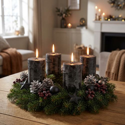 Candele a colonna nere, tinte in tutto, rustiche, 60x80 mm, set da 4, corona dell'Avvento, decorazione | Floristik24.it