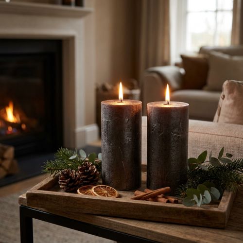 Candele a colonna metalliche color rame, 85×150 mm, set da 2, colorate in ogni loro parte, per decorazioni eleganti e un'atmosfera festosa | Floristik24.it