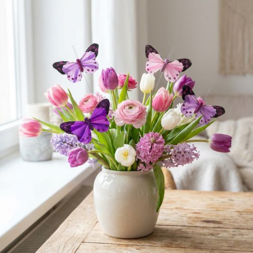 Farfalla decorativa su filo Farfalle di piume viola/rosa 9,5cm 12pz | Floristik24.it