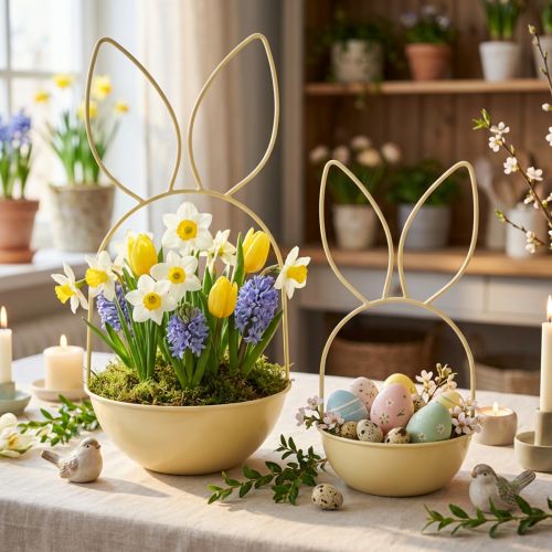 Cestino pasquale con orecchie da coniglio, decorazione da tavola per Pasqua e risveglio primaverile, 34 cm, 1 set | Floristik24.it