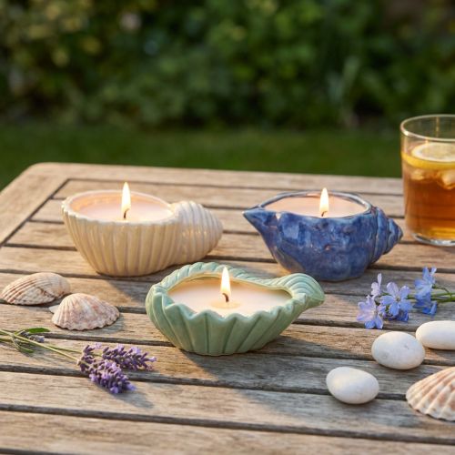 Candela alla citronella in ceramica a forma di conchiglia, per esterni, 14 cm, 3 pezzi | Floristik24.it
