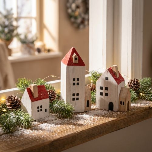 Prodotto Set di casette decorative in legno, rosse e bianche, decorazioni invernali multi-pezzo, 13 cm, 6 pezzi