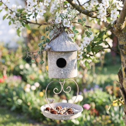 Casetta per uccelli decorativa in metallo da appendere in stile antico Ø15cm H21cm | Floristik24.it