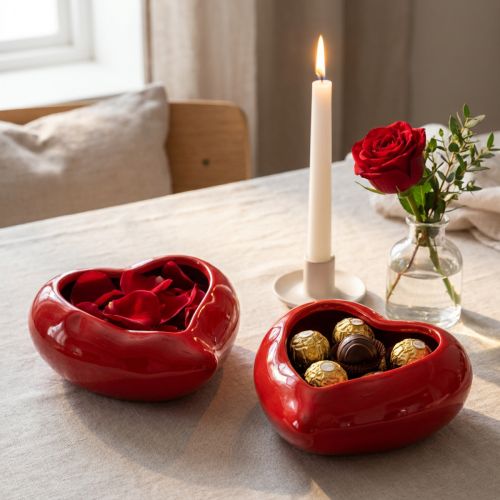 Ciotola decorativa in ceramica cuori rossi lucidi 13×15×6,5 cm 2 pz | Floristik24.it
