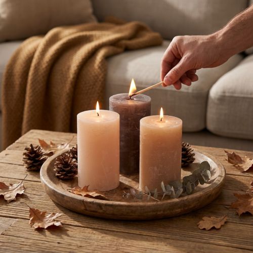 Candele decorative a colonna, mix di 3 tonalità di marrone, tinta unita, 70x120 mm, set da 12 per atmosfera e casa | Floristik24.it