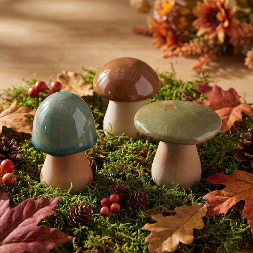 Decorazione a forma di fungo in ceramica, marrone, verde, blu, autunnale, altezza 6-7,5 cm, 3 pezzi | Floristik24.it