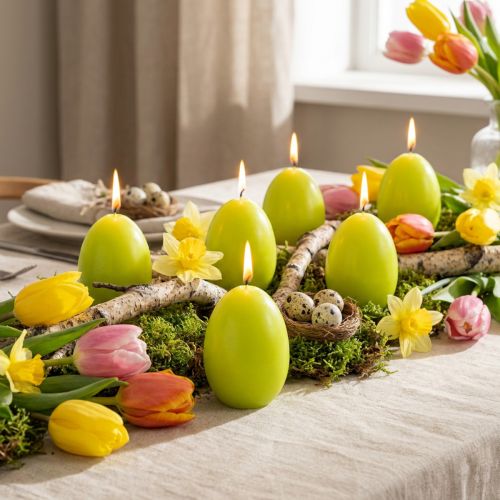 Candele pasquali a forma di uovo, colore verde lime, 9 cm, altezza 20 cm, 6 pezzi | Floristik24.it
