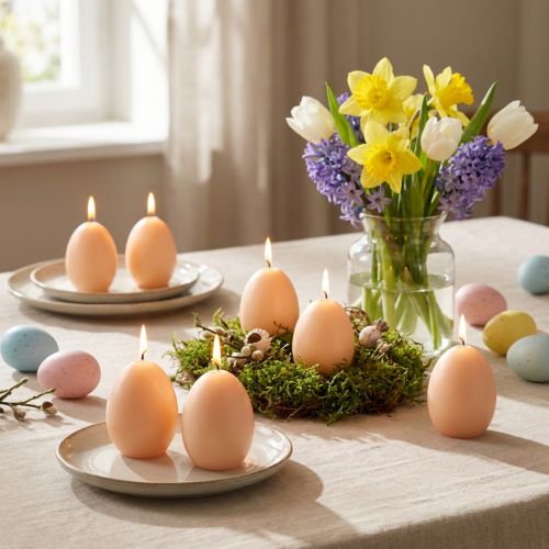 Candele pasquali a forma di uovo, design pesca, Ø6cm, H9cm, 6 pezzi | Floristik24.it