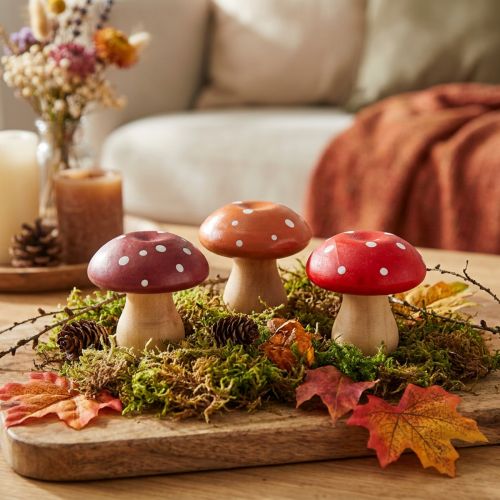 Prodotto Funghi in legno Funghi decorativi Agarichi volanti in legno Rosso arancione 5 cm 9 pz