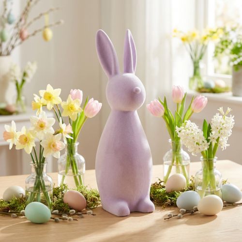 Prodotto Decorazione coniglietto pasquale in piedi – 2a scelta – floccato lilla H47cm