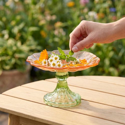 Prodotto Piatto decorativo in vetro con piedistallo, con motivo floreale, ideale per decorare la tavola con stile e per l'estate, 15 cm.