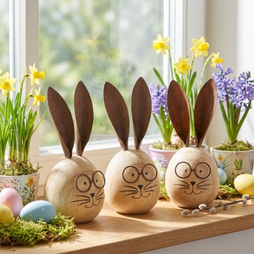 Prodotto Figura decorativa a forma di uovo di coniglio con personaggio per decorazioni primaverili e stagionali, 14 cm, 3 pezzi