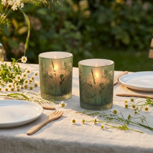 Lanterna decorativa in vetro con motivo prato verde bianco H12,5 cm 2 pezzi | Floristik24.it