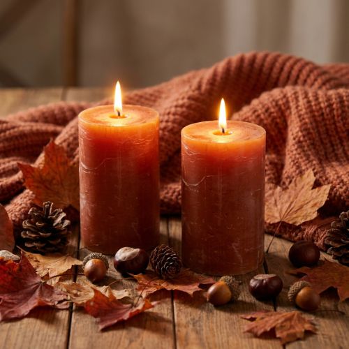 Candele a colonna color arancio scuro, 85x120 mm, 2 pezzi, tinte in massa, decorative e accoglienti | Floristik24.it