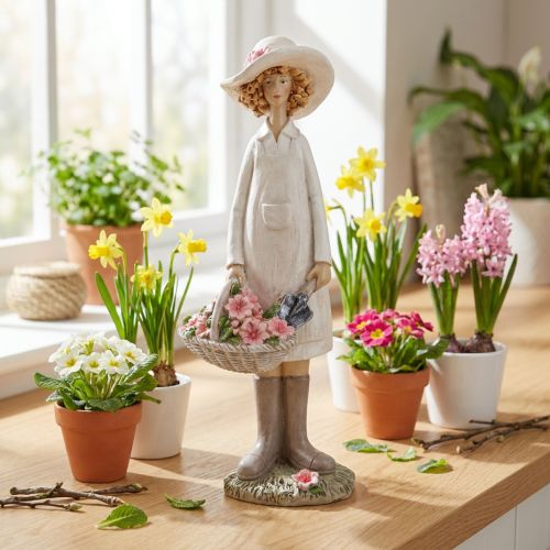 Statuine decorative giardiniere, donna decorativa con fiori, bianco rosa, H21cm | Floristik24.it