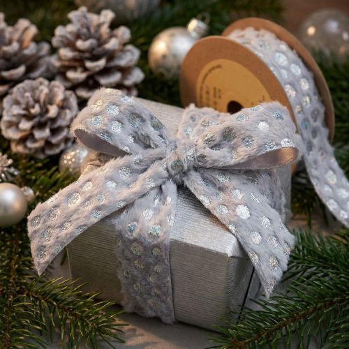 Prodotto Nastro decorativo con aspetto pelliccia ed effetto olo grigio argento 25 mm 10 m