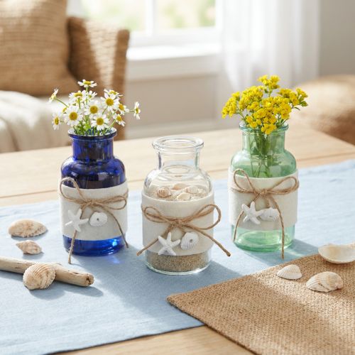 Prodotto Vasi bottiglia marittimi con feltro blu verde bianco 12,5 cm 3 pezzi