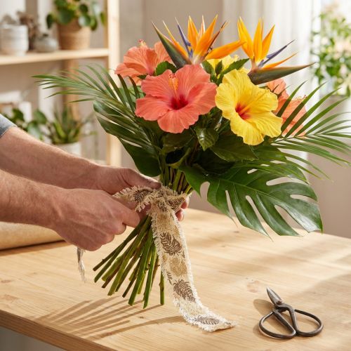 Prodotto Nastro decorativo foglie tropicali nastro di cotone marrone 30mm 15m